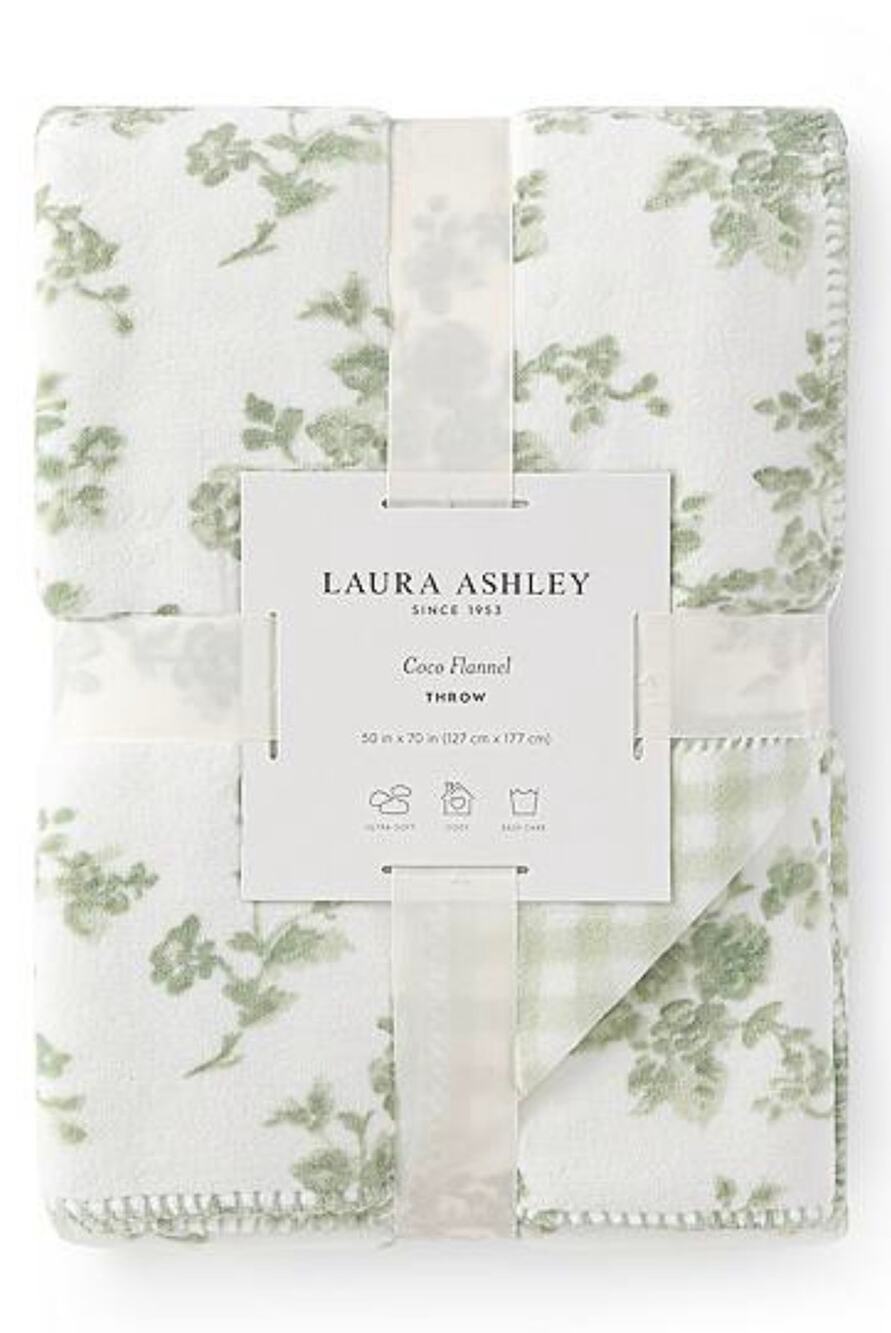 Laura Ashley Reversible Coco Flannel Throw Blanket Green & White 50x70